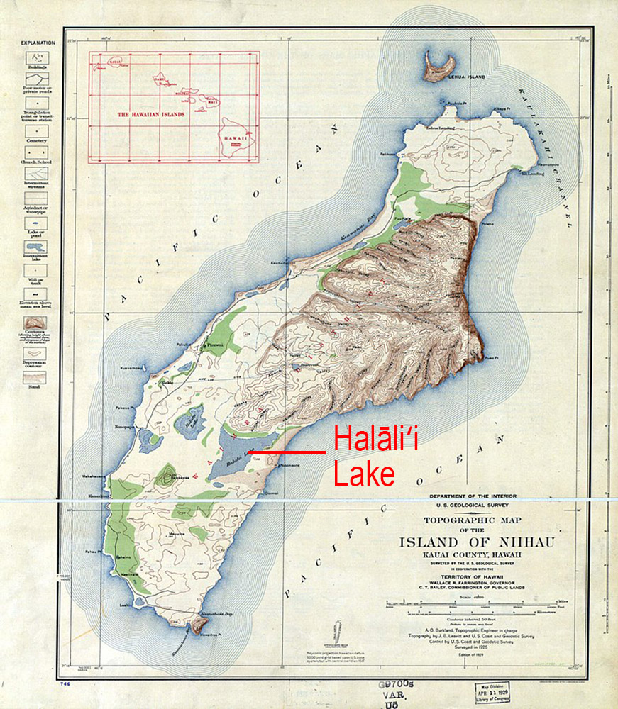 [Topographic map of Niʻihau] Indicating Halāliʻi Lake. Photo by US Geological Survey.
