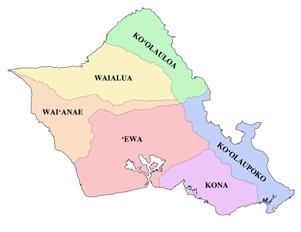[Map of Oʻahu] Showing the six moku. Artwork by R. Y. Racoma.