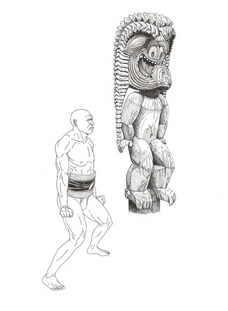[Kū with man in ʻai haʻa stance ] Artwork by Art Kodani.