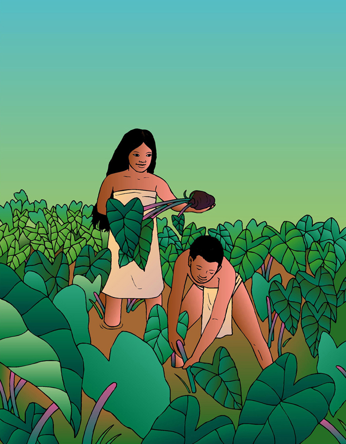 [Boy and girl in loʻi] Artwork by R. Y. Racoma.