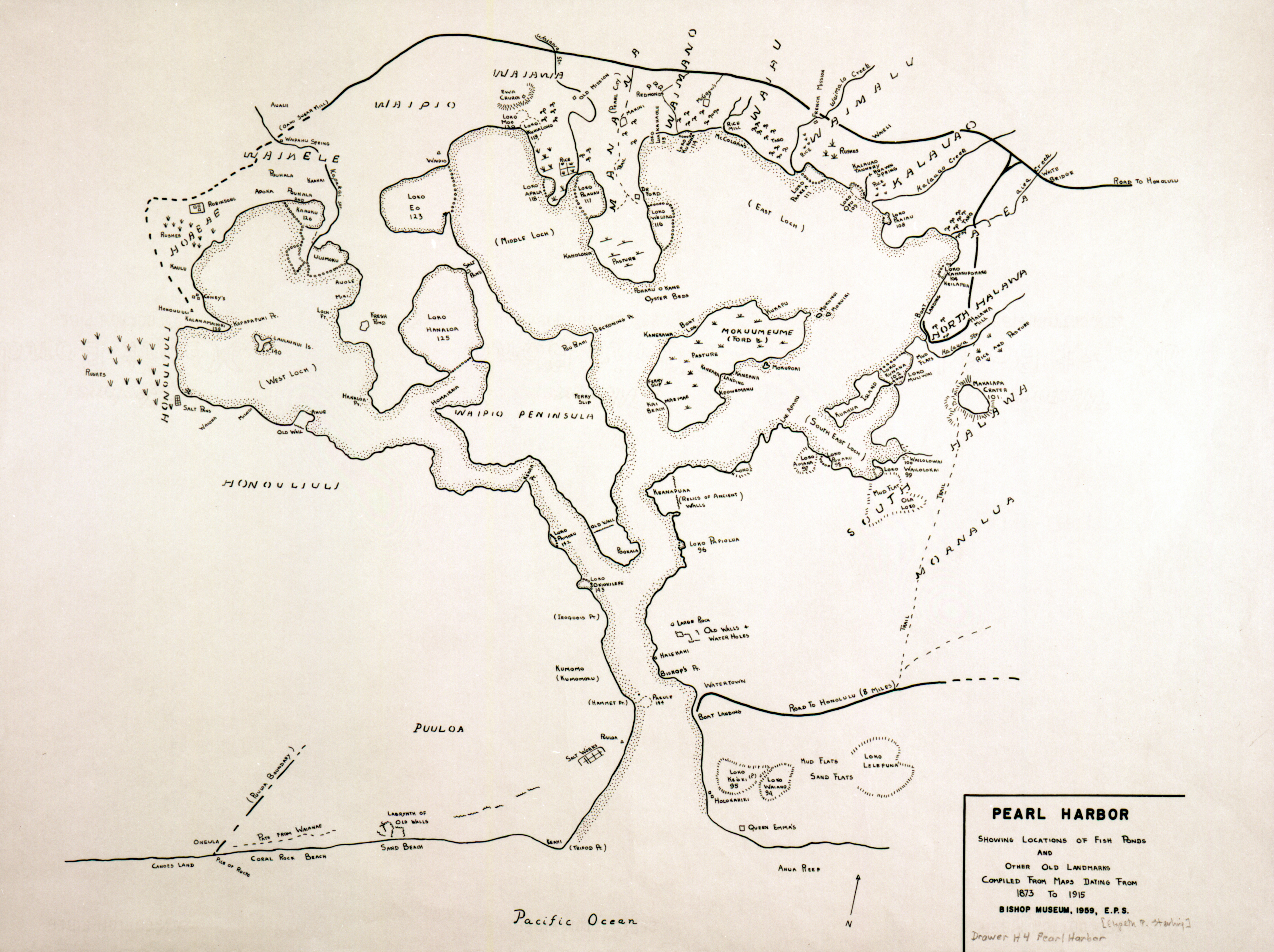 [Map of Pearl Harbor] Showing locations of fishponds and other old landmarks. Artist unknown.